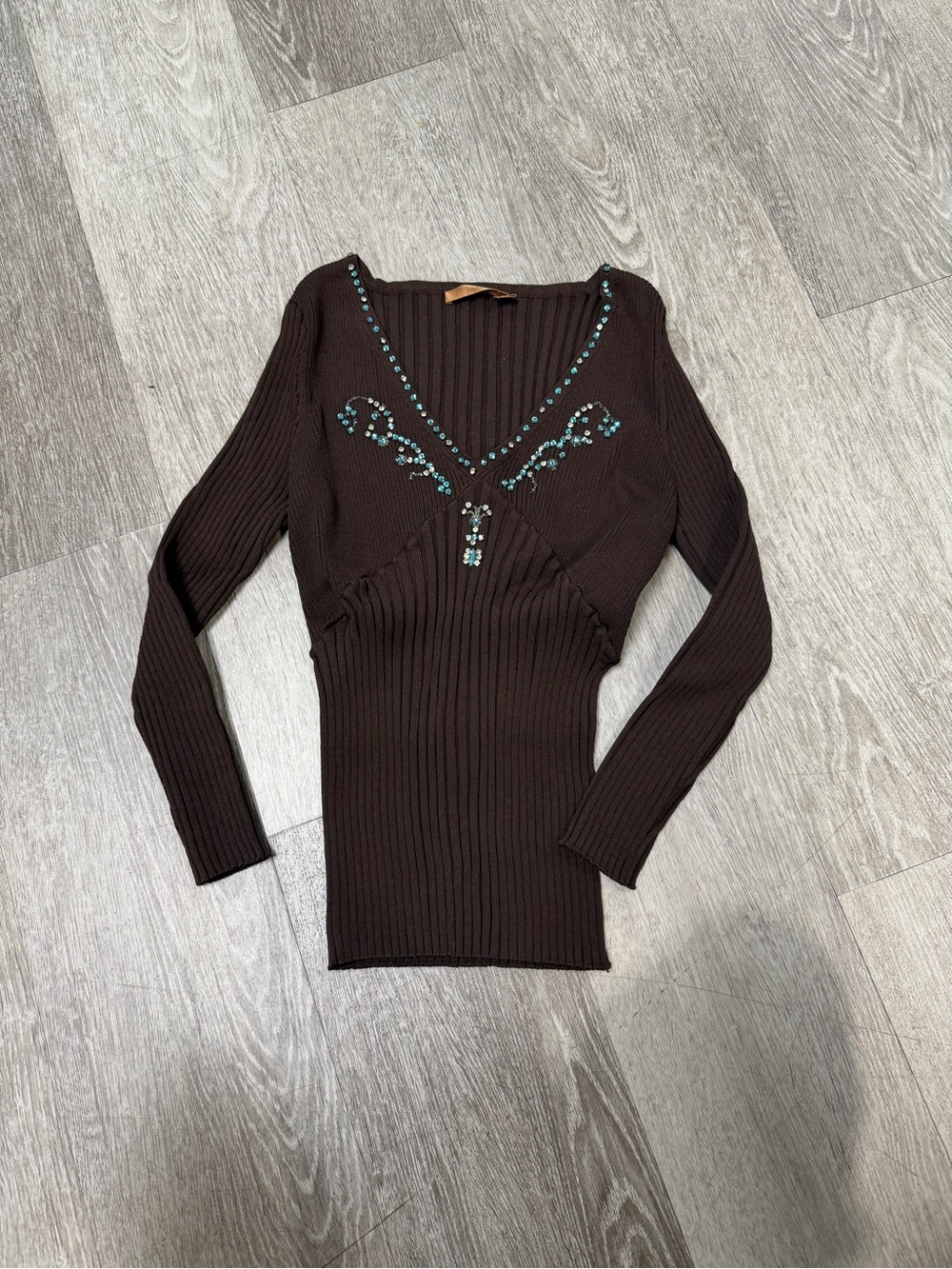 Belldini Brown Ribbed Knit Top with Embellishment Y2K